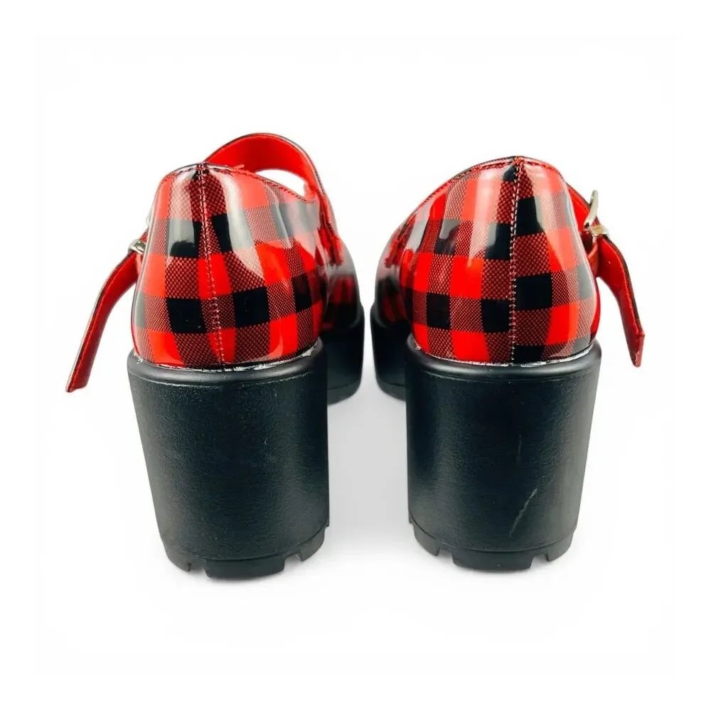 Koi Footwear Red Black Plaid Platform Mary Jane Chunky Lug Heel Size EU 36